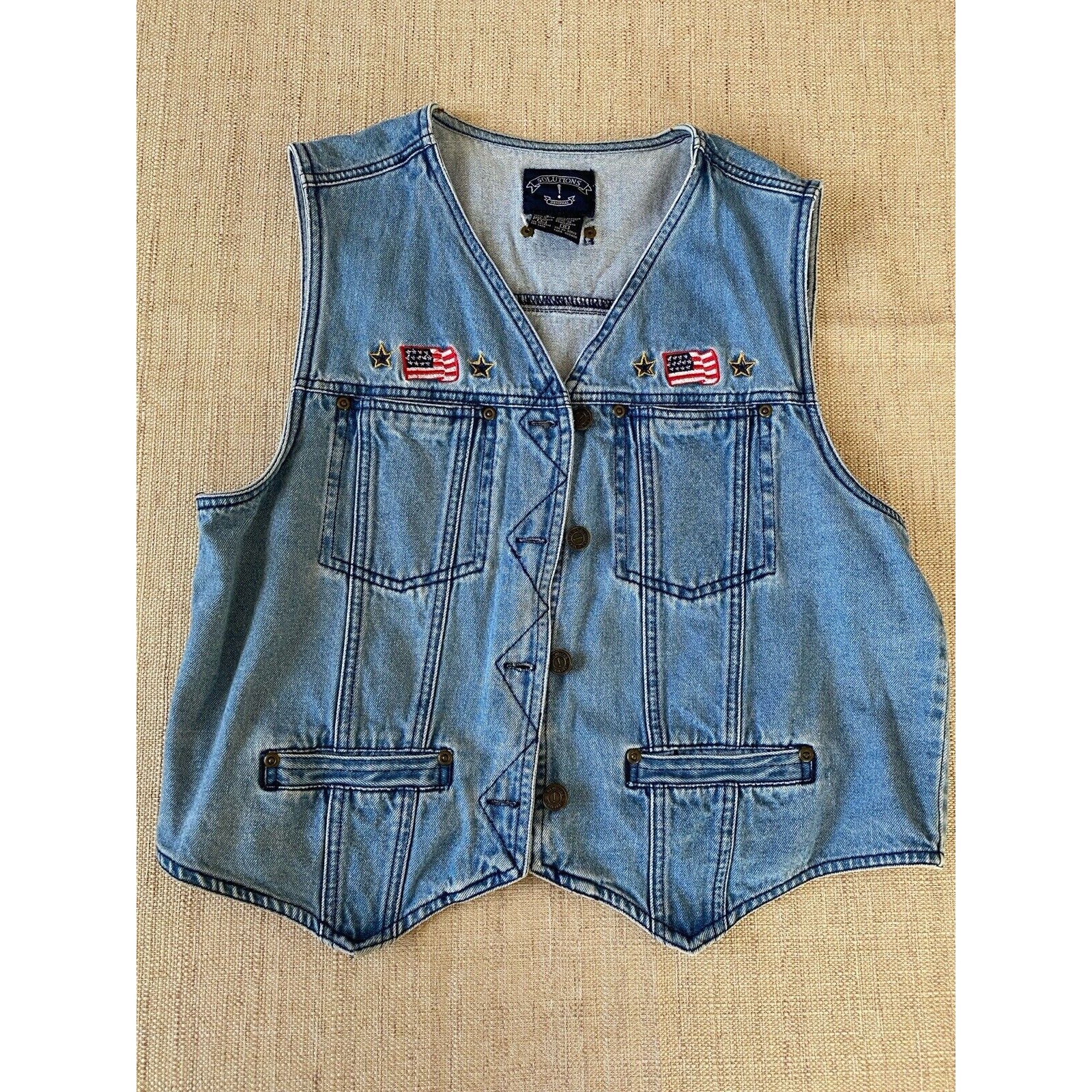 Solutions Original Embroidered Patriotic Flags Denim Vest Jacket Women’s Large